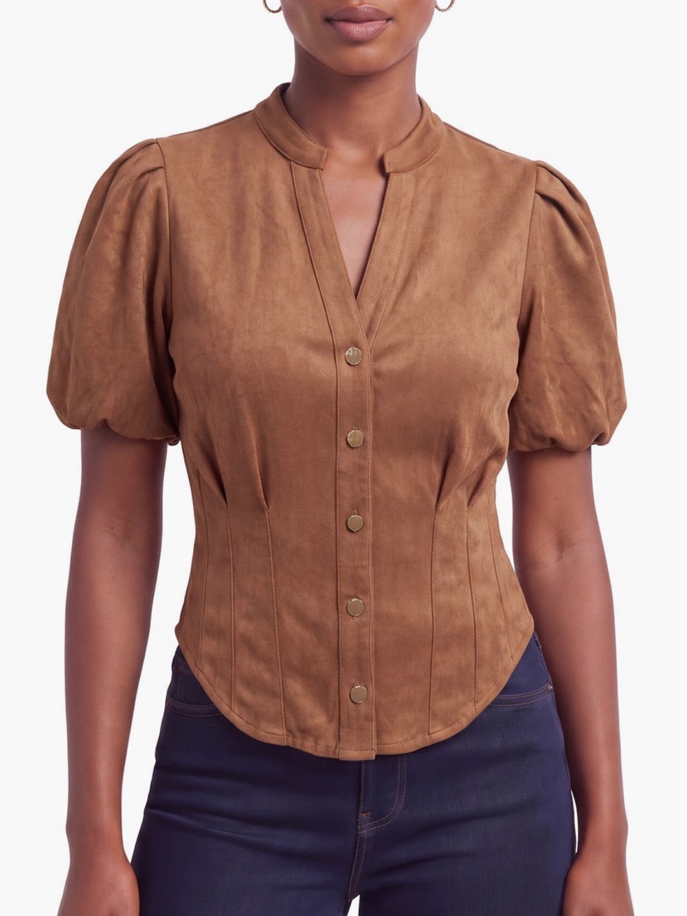Bagatelle Camel Color Faux-Ever Leather Short Sleeve Button Up Top Size L